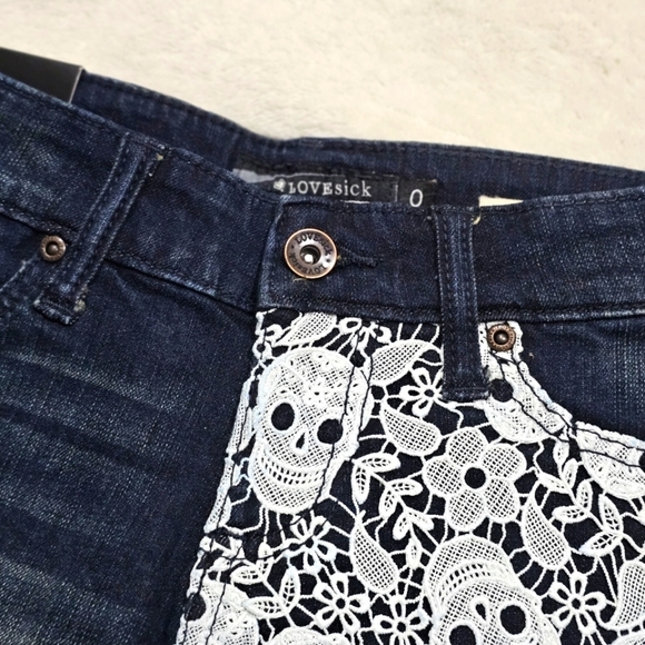 Lovesick Blue Jean Shorts w/ White Crochet Skull Lace Overlay Raw Hem Distressed - Picture 3 of 10